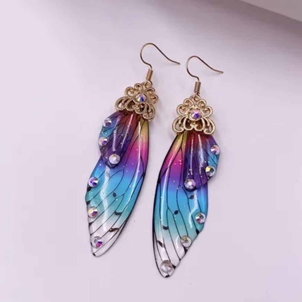 Rainbow multicolor gradient fairy butterfly wing earrings with rhinestones - Picture 1 of 2